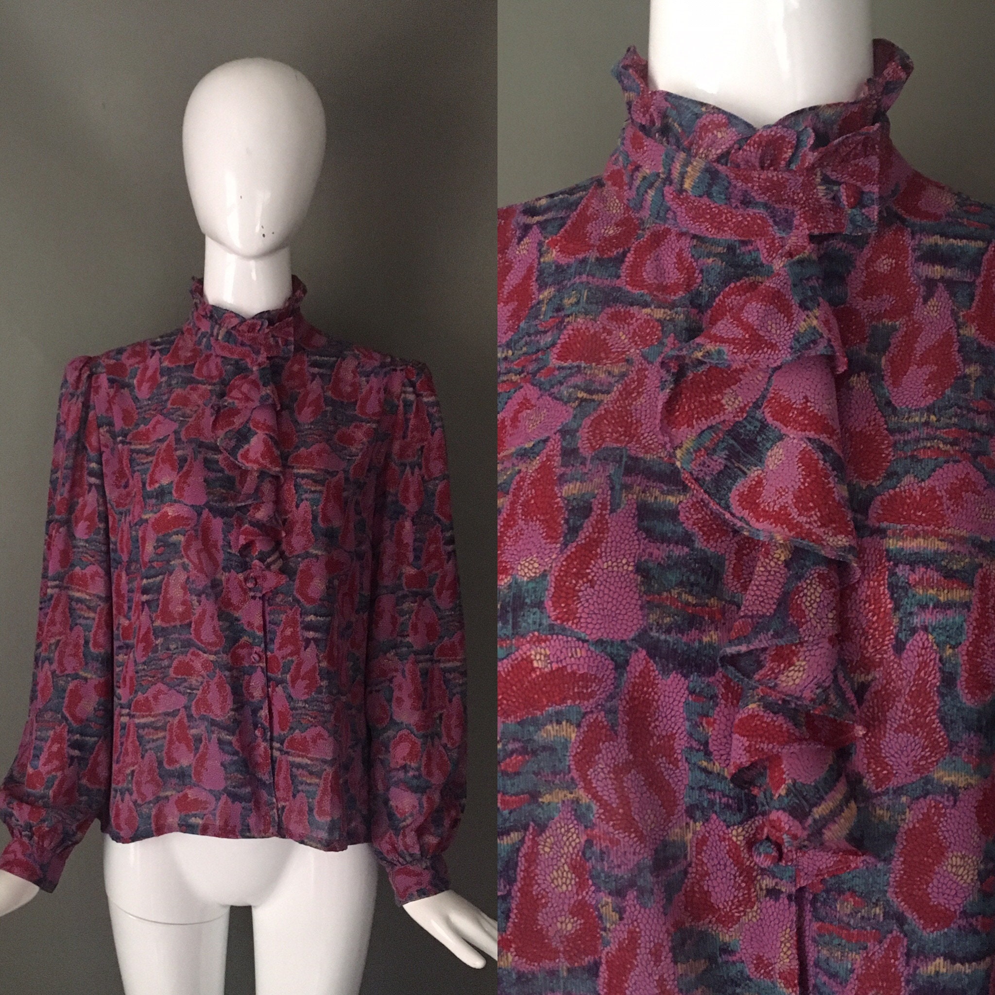 Vtg 70s Indie Print John Meyer Label Ruffle Victorian Neckline Ruffle Cuffs Top Blouse Rare 14 L Size Mint Hippy Buttons Up Salmon Peachy
