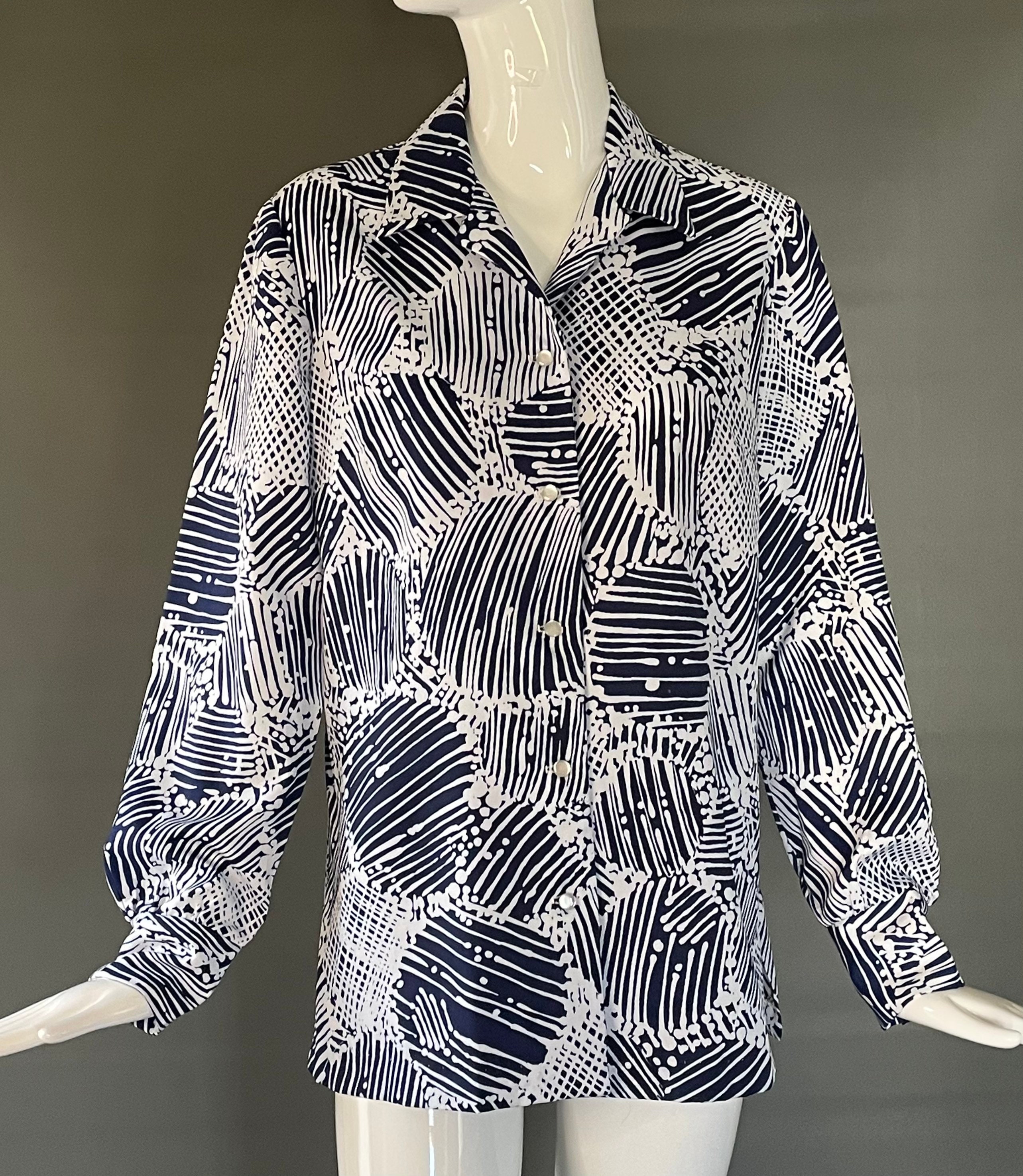 Super Cute Vtg 70s 80s Gammon Label Navy Blue White Abstract