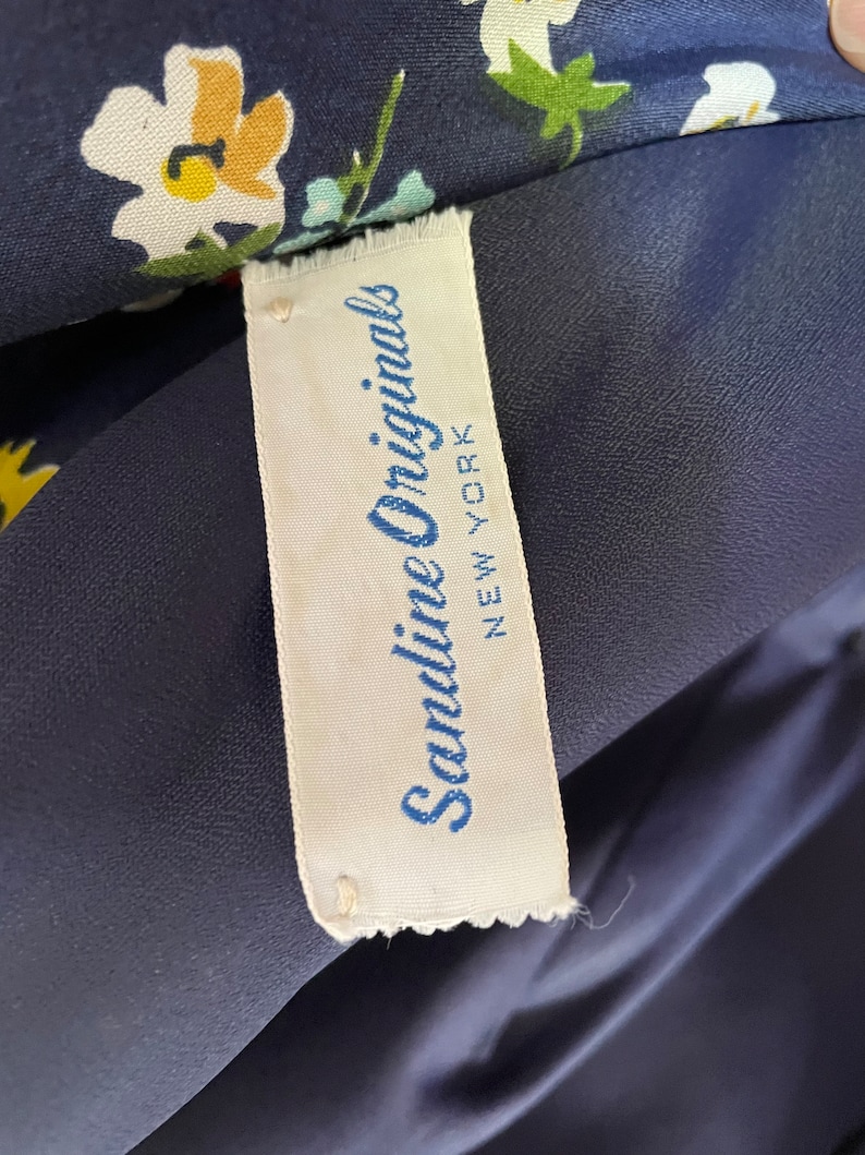 Gorg Vtg 70s Sandine Originals Designer Navy Blue Yellow Floral Maxi Dress Ling Poet Sleeves Embellished Gypsy Dress Boho Hippy M Mint image 8