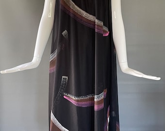 Vintage 70s Lilli Diamond Dress: Handpainted Swirling Sheer Overlay, Boho Hippie Size M