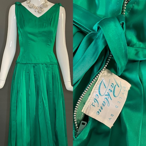 Gorg Vtg 50s 60s Emerald Green Satin Party Dress … - image 1