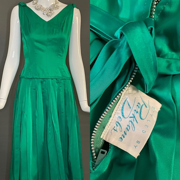 Gorg Vtg 50s 60s Emerald Green Satin Party Dress Metal Zip Sleeveless Size XS Parklane Debs