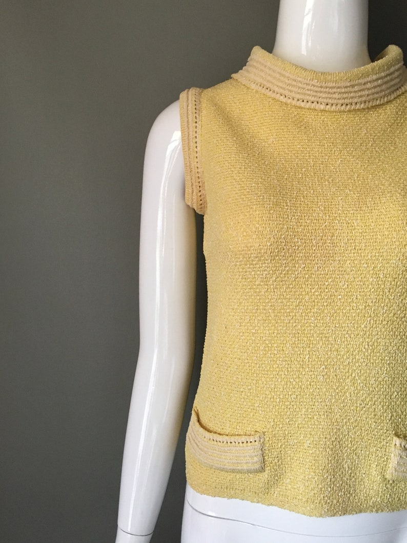 Gorg Vtg 70s Goldworm Label Pale Yellow Beige Knit Top Blouse Sleeveless S Excellent Condition