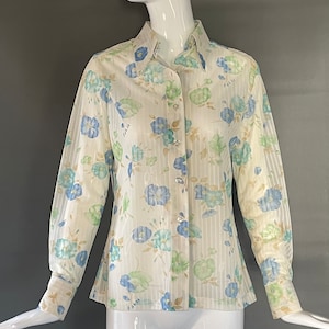 Super Cute Vtg 70s Mr Dino Floral 11 12 Indie Print Top Blouse Long Sleeves M