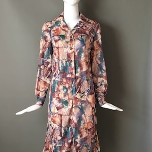 Gorg Vtg 70s Asheboro Label Indie Print Button Up Poly Shirt Dress M Outfit