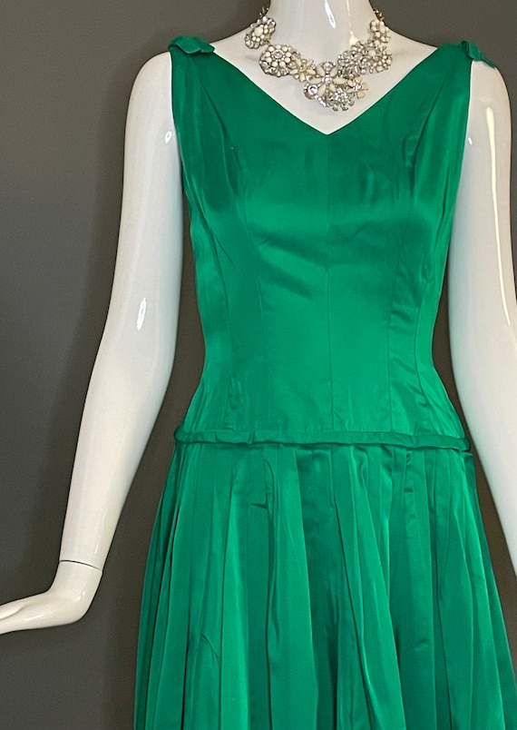 Gorg Vtg 50s 60s Emerald Green Satin Party Dress … - image 3