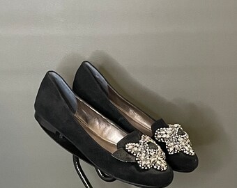 Vtg 90s Beverly Feldman Rhinestone Flower with Petals Slipper Slip On Flat Shoe Loafer 6 M Authentic Designer