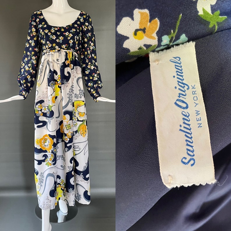 Gorg Vtg 70s Sandine Originals Designer Navy Blue Yellow Floral Maxi Dress Ling Poet Sleeves Embellished Gypsy Dress Boho Hippy M Mint image 2