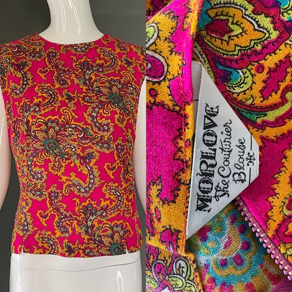 Gorg Vtg 60s Florescent Neon Bright Pink Paisley … - image 1