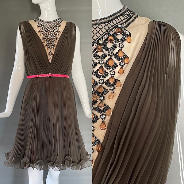 Vtg 70s Chocolate Brown Jack Bryan Frilly Accordion Crystal Pleated Mesh Bead Pearl Crystal Embellished Cocktail Party Dress 10 M Exc Cond