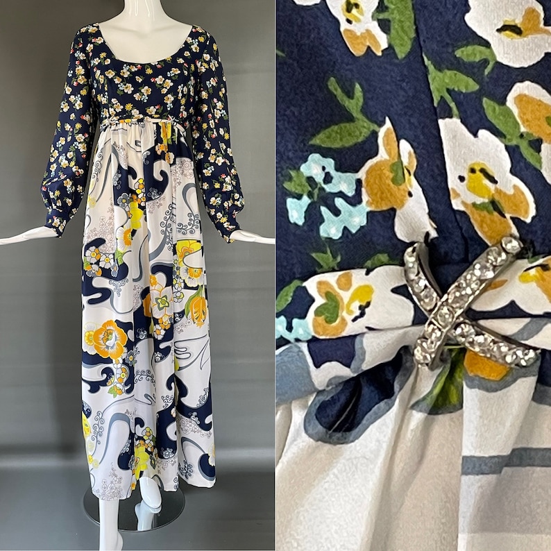 Gorg Vtg 70s Sandine Originals Designer Navy Blue Yellow Floral Maxi Dress Ling Poet Sleeves Embellished Gypsy Dress Boho Hippy M Mint image 1