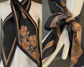 Gorgeous Vintage 70s Vera Scarf Chic Black Leaf Print 7 Inches by 50 Inches Point to Point Silk Excellent Condition Hippy Boho
