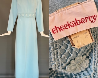 Vtg 70s Checkaberry Designer Label Classic Empire Waist Maxi Dress Macrame Trim M Hostess Hippy Excellent Condition