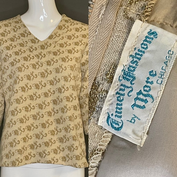 Beautiful Vintage 50s Cream with Metallic Embellishment Top Blouse Metal Zip Up Back M Atomic Pinup