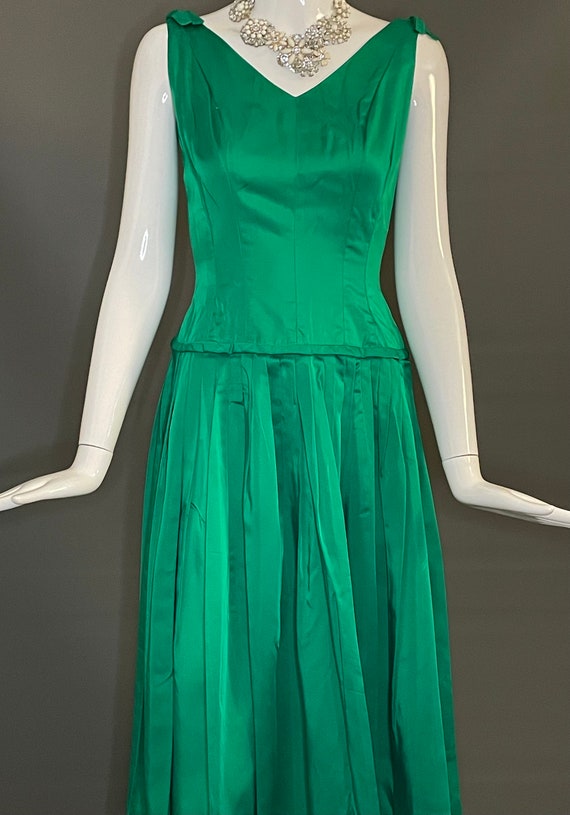 Gorg Vtg 50s 60s Emerald Green Satin Party Dress … - image 2