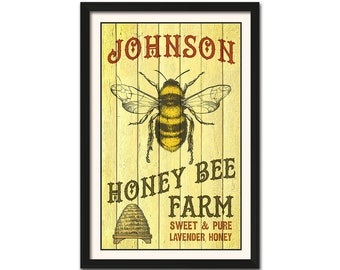 free ship over 35- PERSONALIZED Family Honey Bee Farm Sign - Large 11"x 17" Bee Beehive Farmers Market Kitchen Wall Home Decor