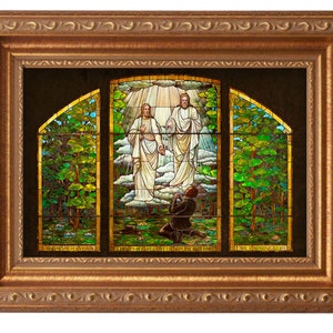 FRAMED - Joseph Smith&#39;s First Vision Stained Glass - Giclee Canvas Art LDS Art - Sacred Grove