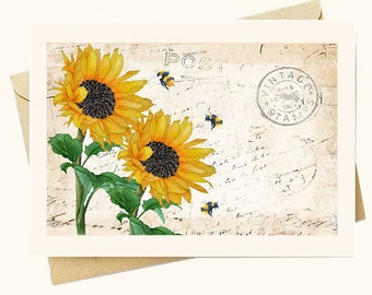 FREE SHIPPING OVER 35 - Sunflowers and Bees - Note Card Set from the Bee and Beehive Greeting Card Collection Stationery Nauvoo Mercantile