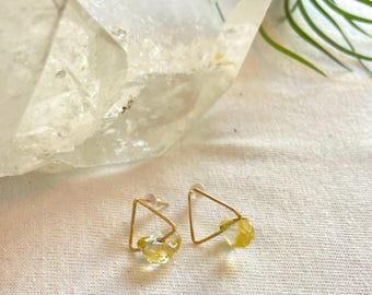Triangle Crystal Stud Earrings Yellow Citrine