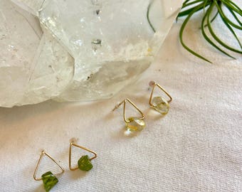 Triangle Crystal Stud Earrings Yellow Citrine Green Peridot Olivine