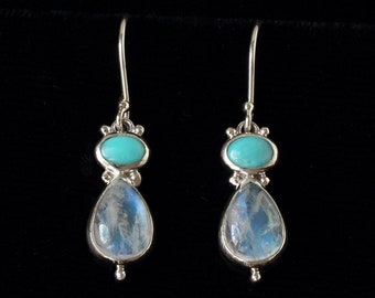 Sterling Silver Rainbow Moonstone & Turquoise Drop Earrings Handcrafted in a Teardrop Design: INDIA