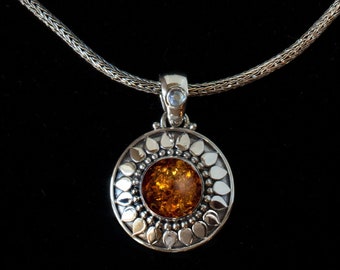 Sterling Silver Baltic Amber Sun Necklace Handcrafted in a Celestial Balinese Style: SUNSHINE AMBER