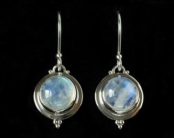 Rainbow Moonstone Drop Earrings: Handmade Sterling Silver Balinese Style Earrings—CASEY