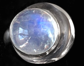 Rainbow Moonstone Celestial Crescent Moon Ring Handcrafted in Sterling Silver- ECLIPSE