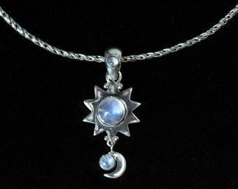 Rainbow Moonstone Celestial Sun Moon Necklace Handcrafted in Sterling Silver— SUN MOON