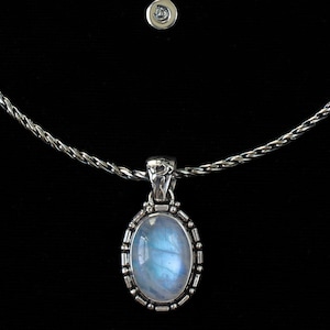 Oval Rainbow Moonstone Balinese Necklace Handcrafted in Sterling Silver: FELINA image 1