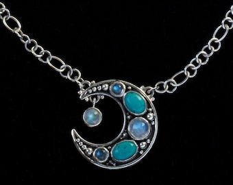 Sterling Silver Celestial Crescent Moon Necklace Handcrafted with Rainbow Moonstone, Turquoise & Labradorite Gemstones: CHANDRA