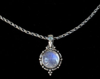 Sterling Silver Rainbow Moonstone Necklace, Rainbow Moonstone Pendant, Handmade Moonstone Necklace, Balinese Style Boho Necklace—EPIPHANY