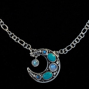 Sterling Silver Celestial Crescent Moon Necklace Handcrafted with Rainbow Moonstone, Turquoise & Labradorite Gemstones—CHANDRA