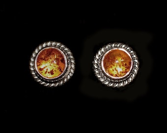 Sterling Silver Baltic Amber Stud Earrings Handcrafted in a Balinese Style—SUN