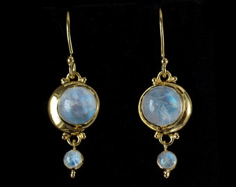 Gold Vermeil Rainbow Moonstone Celestial Crescent Moon Earrings Handcrafted with Dangling Moonstones: LARISSA
