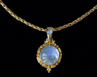18K Gold Vermeil Rainbow Moonstone Necklace: Handmade Balinese Style Art Nouveau Pendant—EPIPHANY