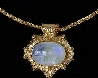 18K Gold Vermeil Rainbow Moonstone Necklace: Balinese Style Artisan Pendant—JOHANNA