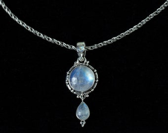 Rainbow Moonstone Dangle Necklace Handcrafted in Sterling Silver in a Balinese Style: KATIE