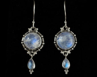 Rainbow Moonstone Dangle Drop Earrings: Handcrafted Sterling Silver Balinese Style Boho Earrings—KATIE