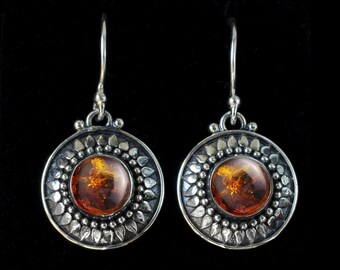 Sterling Silver Amber Sun Earrings, Baltic Amber Celestial Earrings, Handmade Amber Sunflower Earrings, Amber Bohemian Earrings— CORRINA