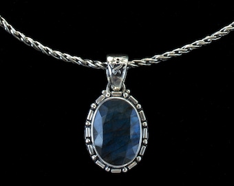 Sterling Silver Faceted Labradorite Pendant Necklace Handcrafted in a Balinese Style- FELINA