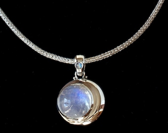 Rainbow Moonstone Crescent Moon Necklace, Sterling Silver Rainbow Moonstone Necklace, Sterling Silver Celestial Moon Necklace—ECLIPSE