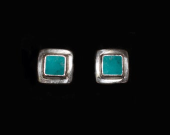 Small Sterling Silver Tibetan Turquoise Stud Earrings handcrafted in Square Settings: NEPTUNE