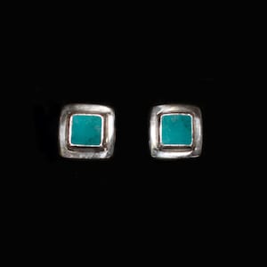 Sterling Silver Genuine Turquoise Stud Earrings handcrafted in Small Square Settings—NEPTUNE
