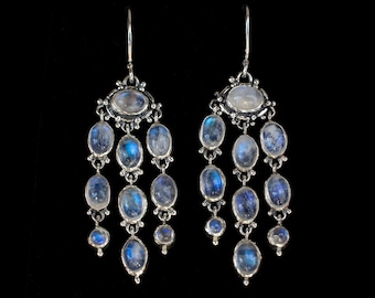 Long Dangling Rainbow Moonstone Chandelier Statement Earrings handcrafted in Sterling Silver in a Boho-Chic Style—DAPHNE