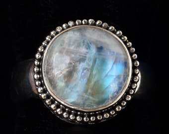 Sterling Silver Rainbow Moonstone Ring: Handcrafted Balinese Style Gemstone Ring—OPHELIA