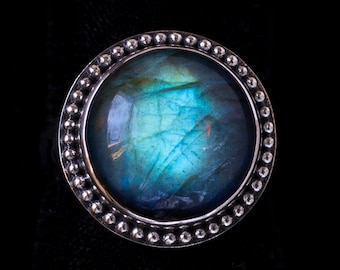 Large Labradorite Gemstone Ring Handcrafted in Sterling Silver in a Balinese Style—LUNA