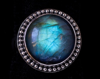 Large Labradorite Gemstone Ring Handcrafted in Sterling Silver in a Balinese Style: LUNA