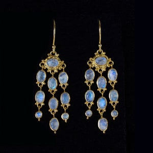 Rainbow Moonstone Chandelier Dangle Statement Earrings Handcrafted in 18K Gold Vermeil—DAPHNE