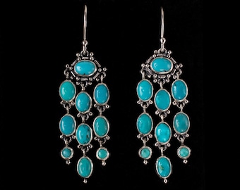 Sterling Silver Turquoise Chandelier Earrings, Turquoise Dangle Earrings, Turquoise Boho Silver Earrings, Long Turquoise Earrings—DAPHNE